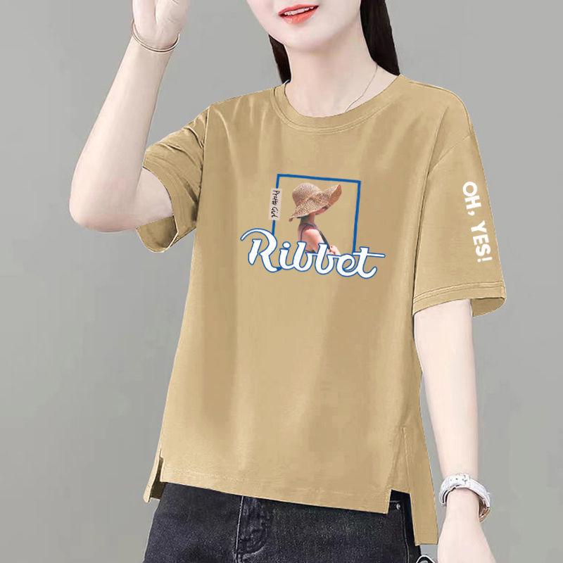 

Women s Korean Style Summer Tee: Short Sleeve, Round Neck, Loose Fit, Printed Design, Spliced Slit Hem. 3XL (suggested 135-150 jin)