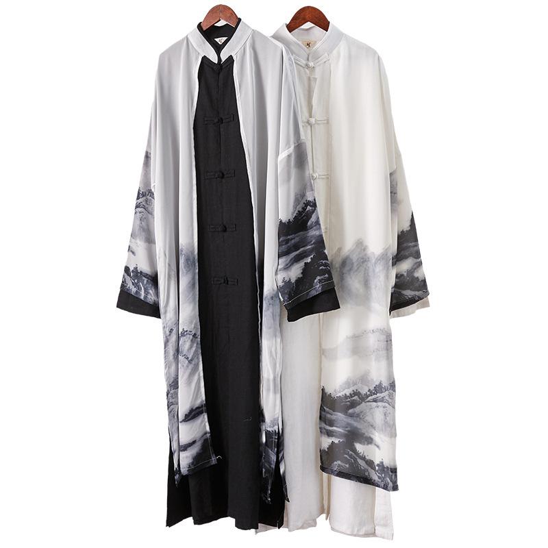 Men's Chinese Style Cotton Linen Long Spring Shirt - National Performance Stage Robe