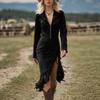 European and American women's clothing, autumn clothing, new solid color lapel zipper fringed dress, long dress.