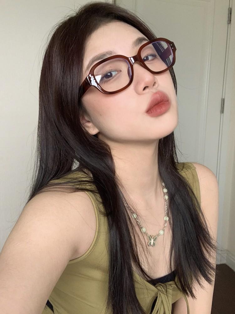 Retro American Red Square Round Face Leopard Print Square Thick Frame Plain Eye Frame Myopia Glasses Women