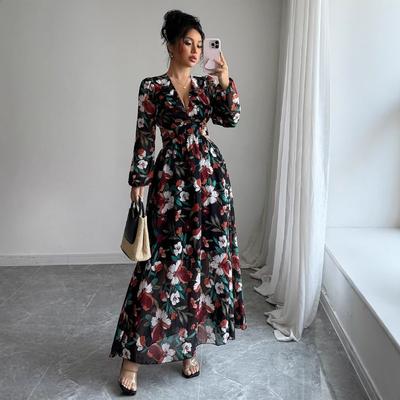 High-end Simple Deep V Printed Slit Long Dress for WomenWomen's Dress for Spring and Summer