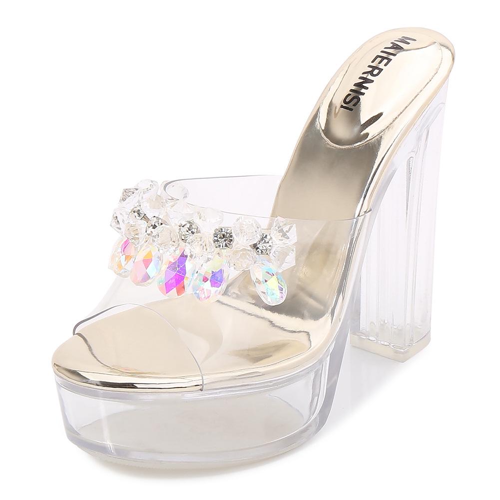 Fashion Sexy Heels 13cm Thick Heels Waterproof Platform Fashion Sandals Sandals Transparent Glass Slipper Wedding Shoes