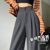 Gray High-Waisted Wide-Leg Pants for Women - Spring Plus Size, Drapey Straight Casual Suit