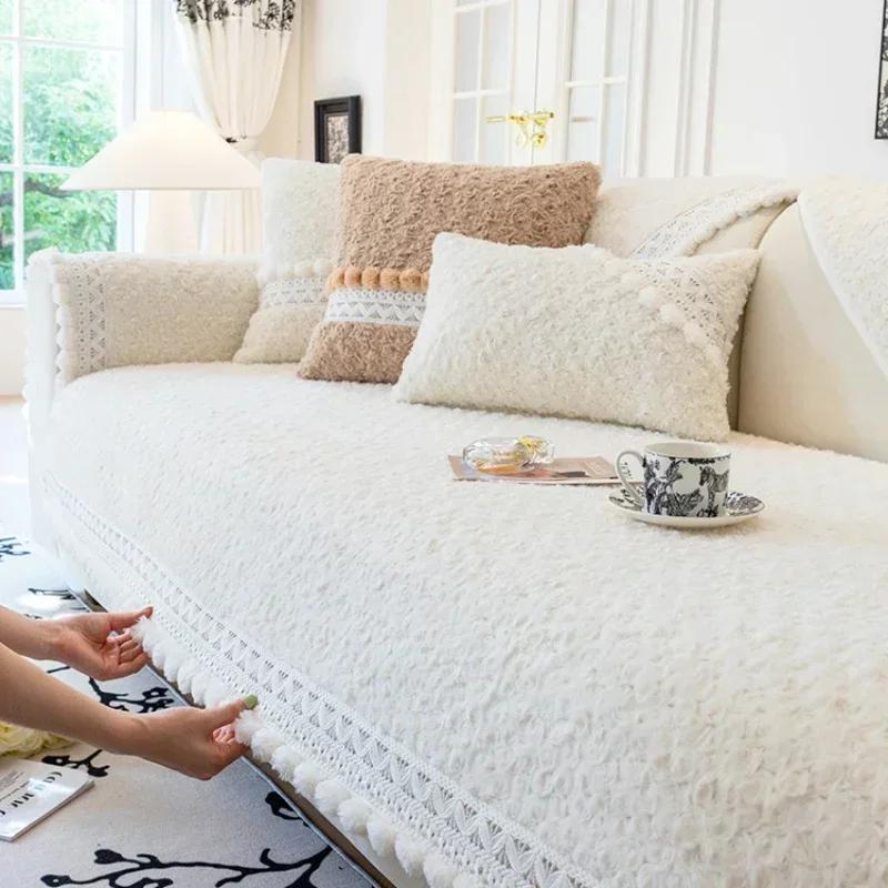 Čtyři roční období Univerzální Plyšový Potah na Pohovku Protiskluzový Sedák Okraj s Bambulkami Podzim Zima Kožený Krémový Styl Podložka na Pohovku
