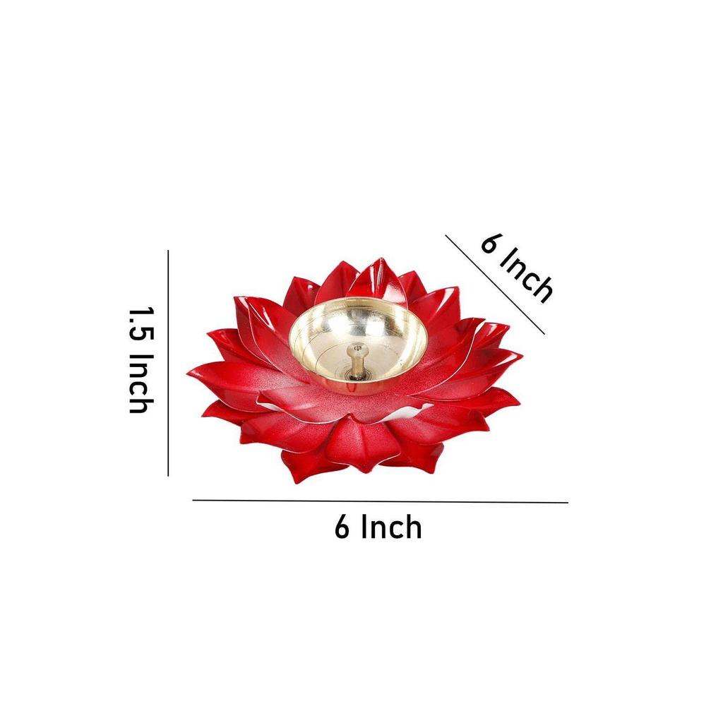 Lotus Diya Puja Oil Lamp - Metal Handpainted Deepak -Home Temple Puja Articles Decor
