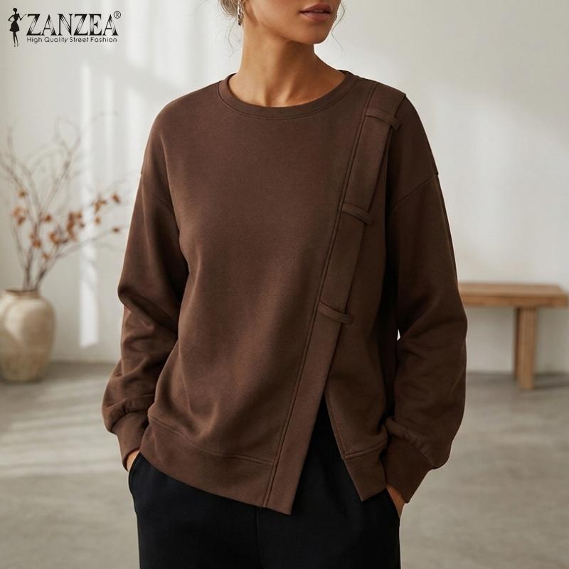 ZANZEA Women Casual Round Neck Long Sleeve Slit Pullover Sweatshirts