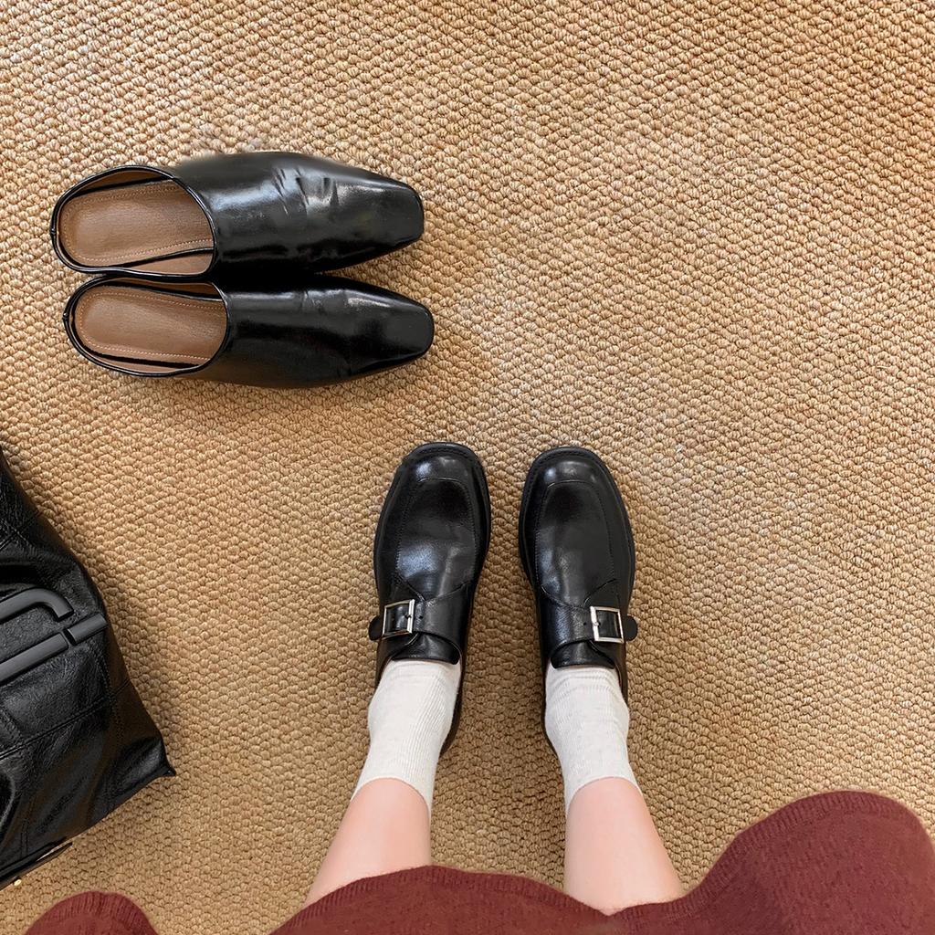 Cowhide version~ high-end square round head leather women's buckle belt thick heel Oxford shoes British black small leather shoes