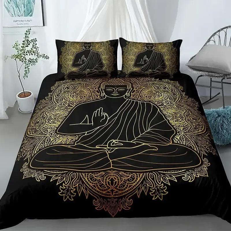 Mandala Buddha Duvet Cover CollectionBohemian Bedding Collection Golden Black Lotus Flowers Print Luxury Microfiber Polyester Comforter Cover