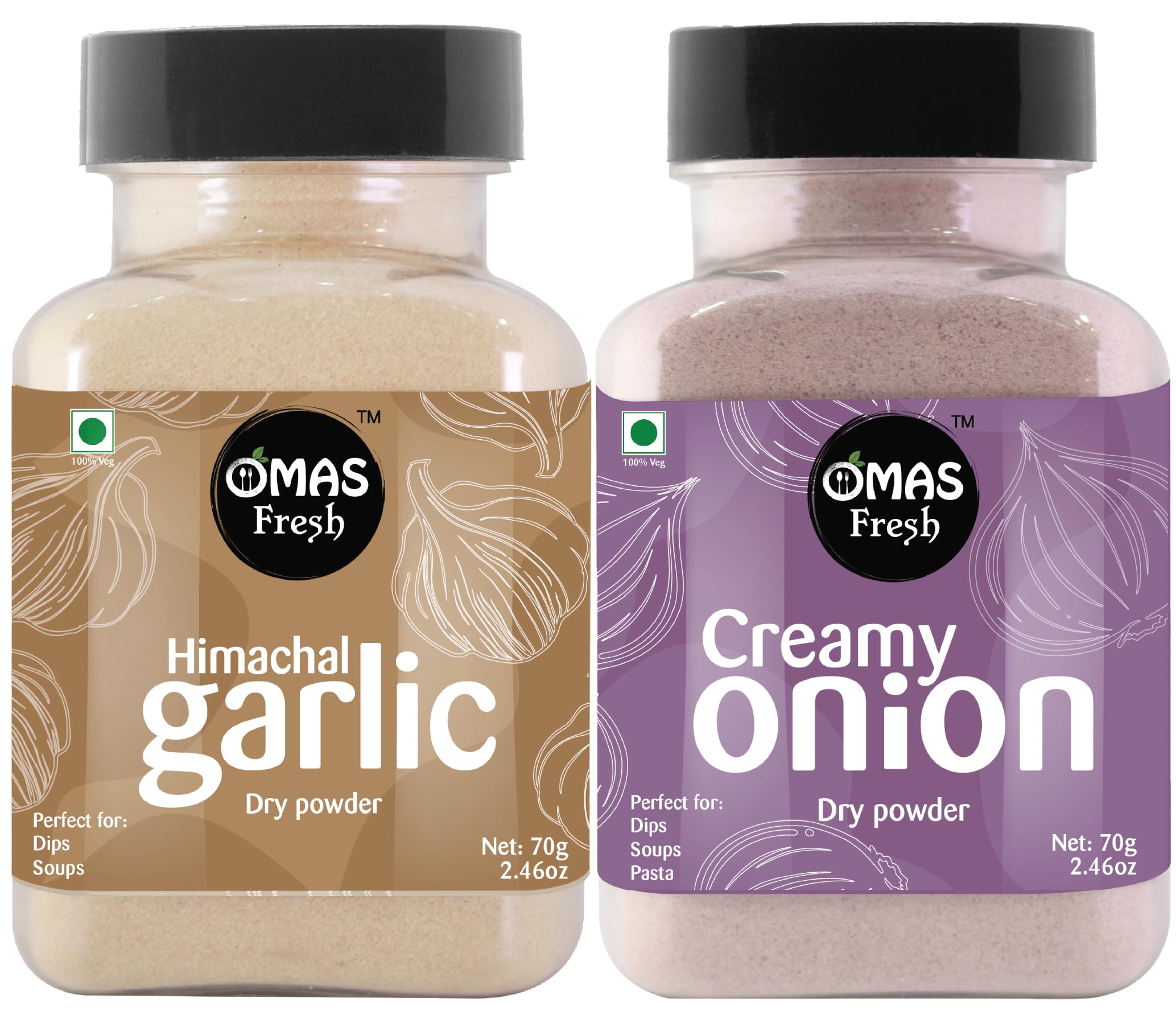 Omas Fresh Garlic Powder & Onion Powder (Dehydrated) Combo Use For Garlic Bread, Soup, Sabji, Sauces And Many More (140g)