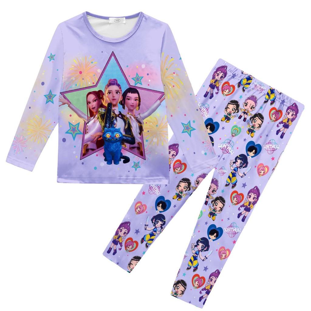 Kids Girls K-POP Rumi Mira Zoey Print Long Sleeves T-Shirt Top Pants Trousers Pajamas Sleeping Sleepwear Sets