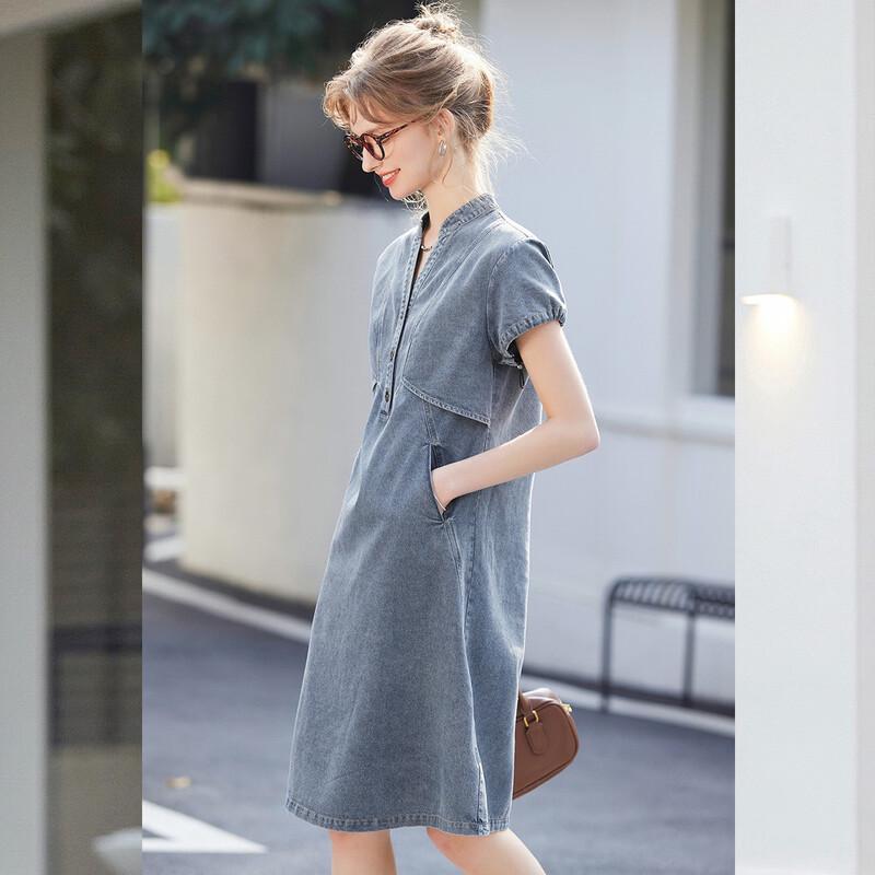 Bailuyu Women's V-Neck A-Line Denim Dress with Adjustable Short Sleeves