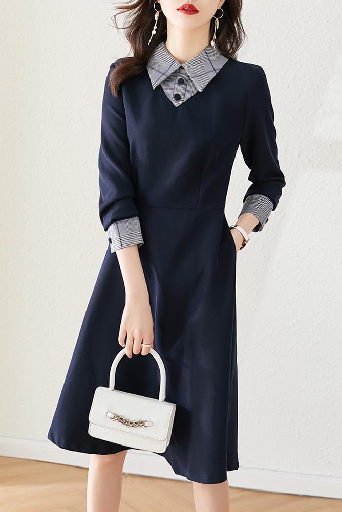 Chubikime Shirt Long Midi Faux Layered Spring Women's Dress, Sleeve, Length, A-Line, Layered, Turn-Down Collar, Look, Stylish, Slimming, Fall, Winter,