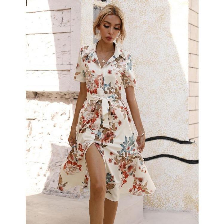 Women Summer One Breast Printed Short Sleeve Waist Dress S