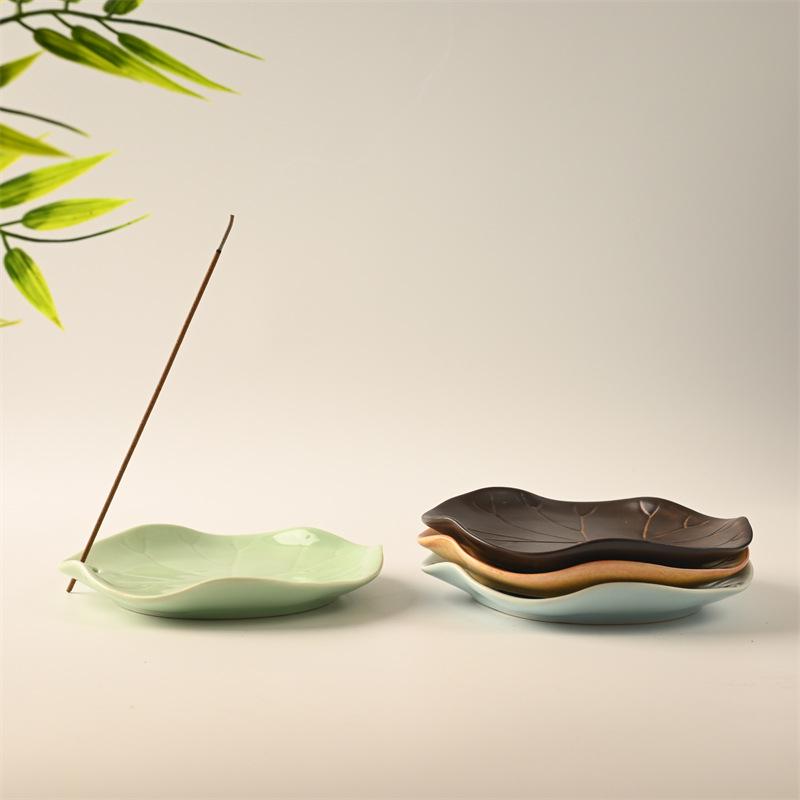 Lotus Leaf Ceramic Incense Holder for Sticks: Sandalwood Burner, Home/Study Room Decor, Tea Ceremony Tray.