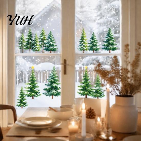 Reusable Glass Adhesive 2Pcs Christmas Snowflake Window Clings, Winter Green Pine Tree Static Decorative Film Stickers, Snow Dots Xmas Decals for Home