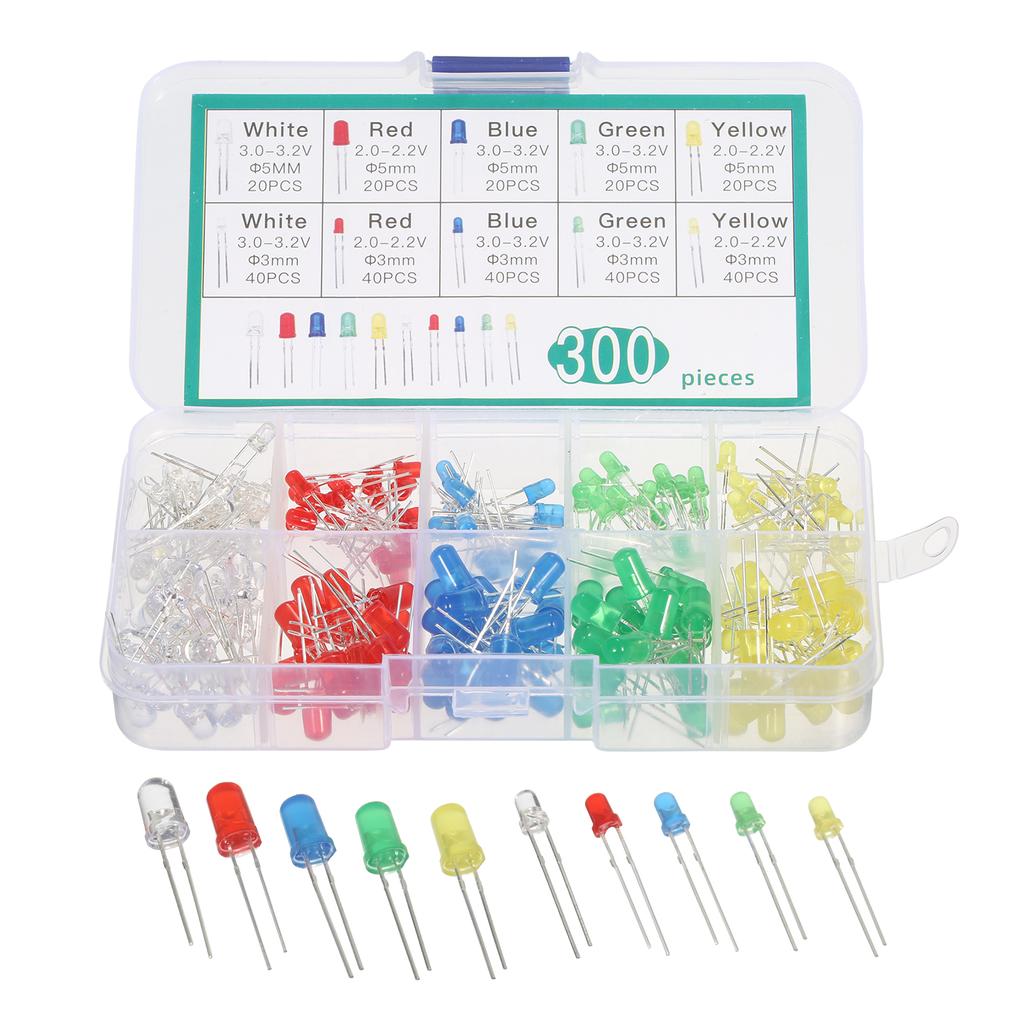 YoungRich 300 Pack 3mm 5mm LED Light Emitting Diode 2 Pin Round Head LED Lamp Assorted Kit with Red Yellow Blue White Green YoungRich 300 Pack 3mm 5mm LED Light Emitting Diode 2 Pin Round Head LED Lamp Assorted Kit with Red Yellow Blue White Green