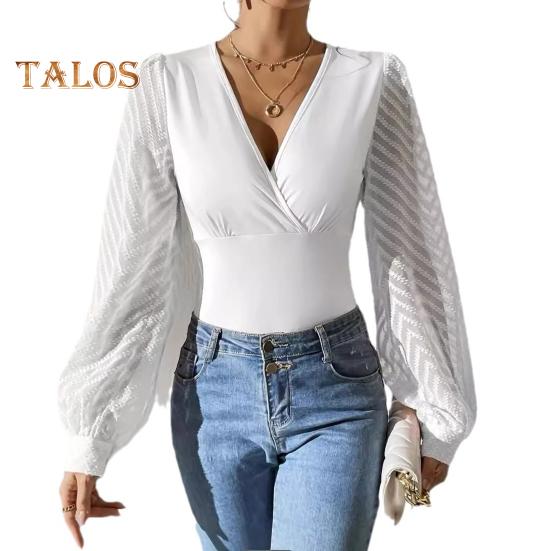 

Женские топы с V-образным вырезом, прозрачные, с длинными рукавами, однотонные, облегающие, с пуловером, топы на каждый день XXL белый