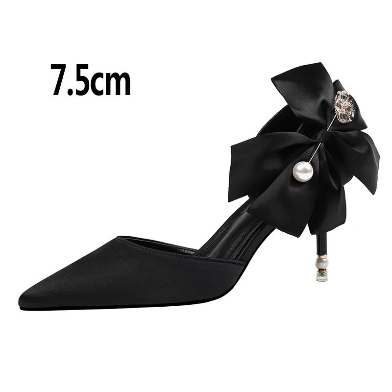 Fashion 2025 New Bow-knot Women Pumps Designer Shoes High Heels Sandals Women Satin Stiletto Heels Sexy Pearl Wedding Shoes Plus Size 43