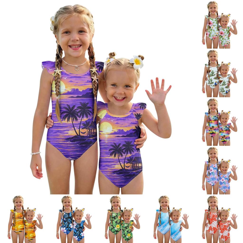 Costume da bagno intero per bambina Estate Stampa Hawaiana Costumi da bagno Bambini Moda Casual Manica a volant Abbigliamento da spiaggia Costume da bagno per bambini