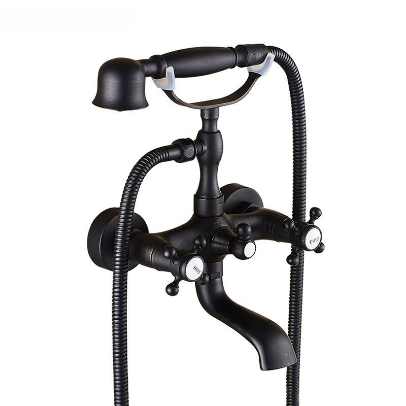 Antique Brass Bathtub Shower Faucet Set Bathroom Dual Handle Wall Mounted Bath Tub Mixer Tap with Handshower and Swivel Spout