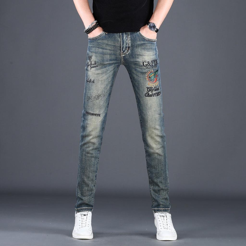 High-end European Autumn and Winter Jeans Men's Slim-fitting Small Feet Trendy Brand Elastic Personality Fashion Embroidery Men's Long Pants