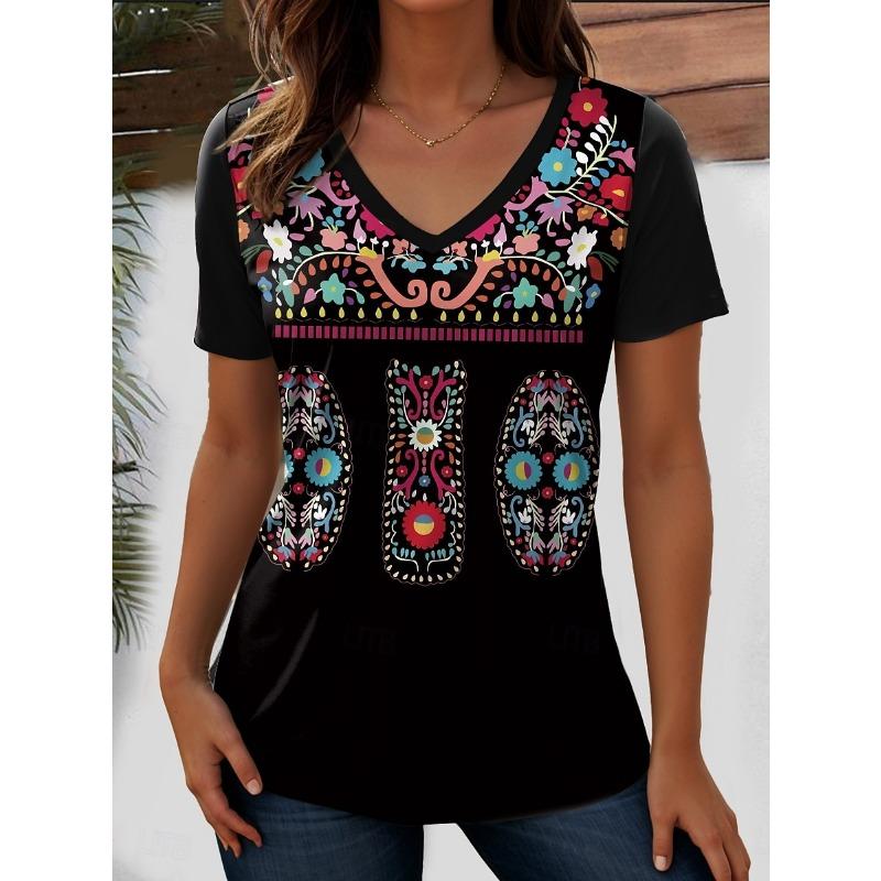Women's T Shirt Print Graphic Geometric Paisley Bohemia Vintage Stylish Short Sleeve V Neck Regular Tops