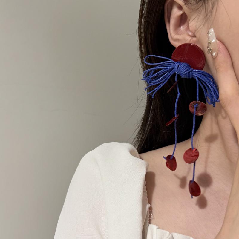 Red & Blue Chinese Floral Tassel Stud Earrings - Women's Luxury Design