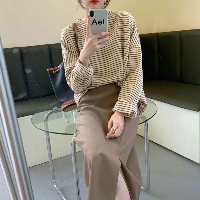 Striped Base Shirt Underwear for Autumn Women's Thin Loose New Round Neck Long Sleeve T-shirt Student Top