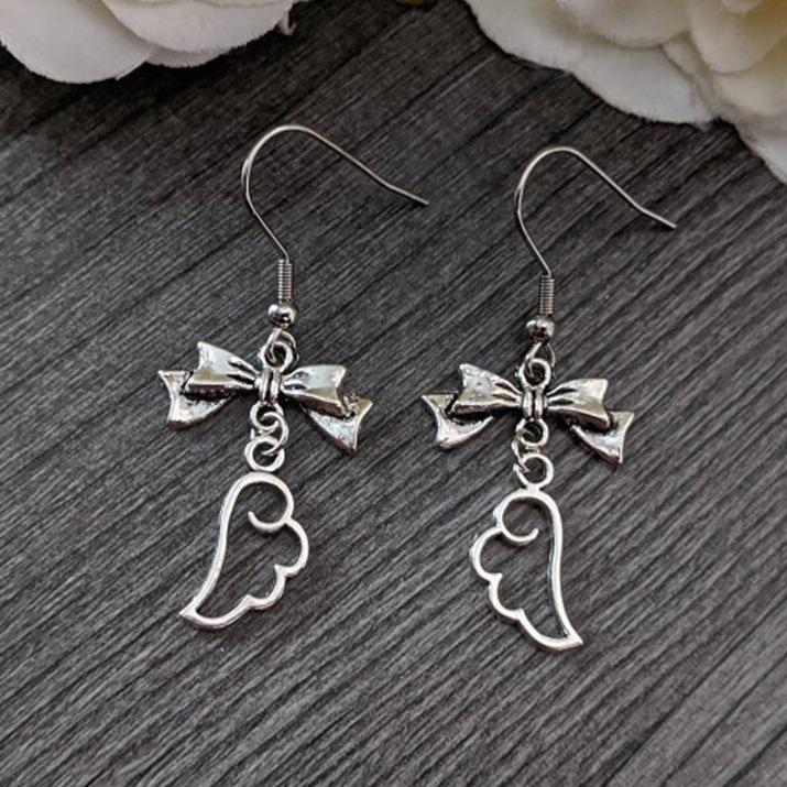 Romantic Gothic Silver Color Hollowed-out Bownot Heart-shaped Cross Wings Dangle Earrings for Women Halloween Party Jewelry Gift