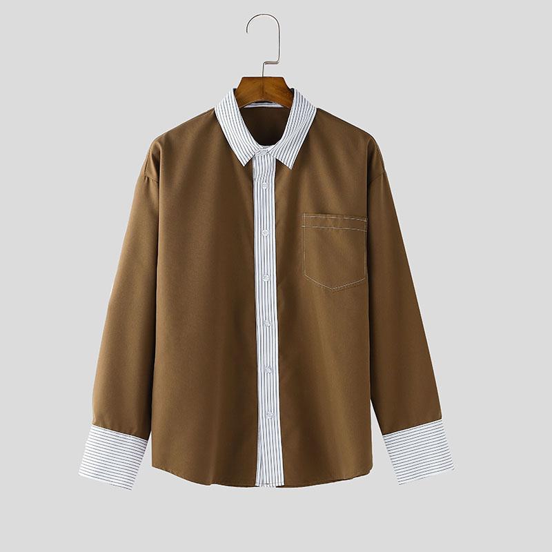 

INCERUN Men Spring Lapel Neck Long Sleeve Stitching Striped Casual Buttons Shirts 5XL коричневий