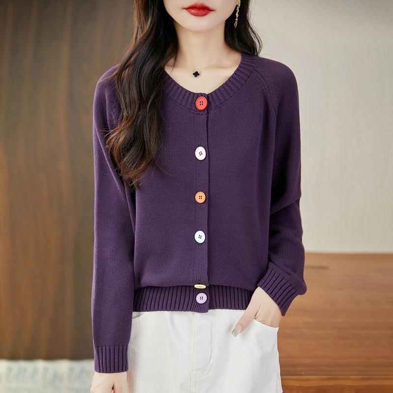 

Spring and Autumn New Round-neck Knitted Cardigan Long-sleeved Women s Solid Color Buttoned Loose and Versatile Top Jacket for Women XL