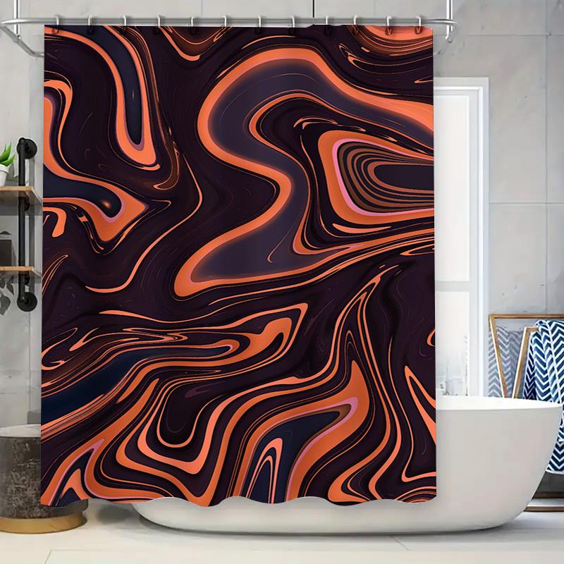 

Luxury Abstract Print Shower Curtain Fabric Waterproof Bath Decoration Home Decor Black Orange Swirls Pattern With 3M Adhesive S W60H190(CM)-1 Pcs