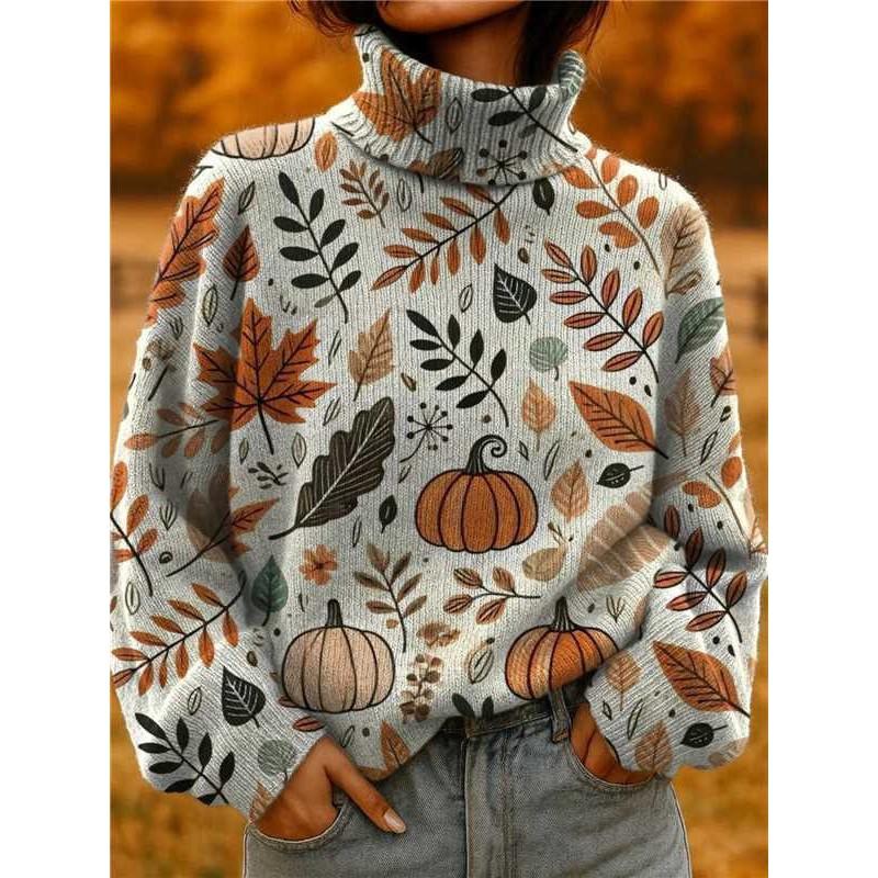 Womens Christmas Print High Neck Sweater Loose Fit Casual Long Sleeve Top