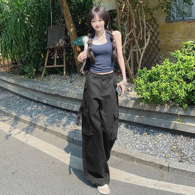 Overalls women's summer high waist 1116 new ins trendy design sense niche retro wide-leg pants slim floor-mopping trousers