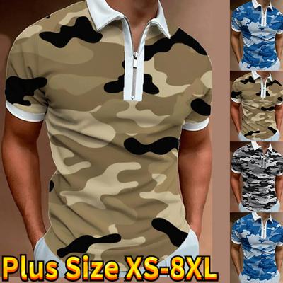 Casual Lapel T-shirt Young Men's Fashion Zipper T-shirt Short Sleeve T-shirt Men's 3D Camouflage Print T Shirt