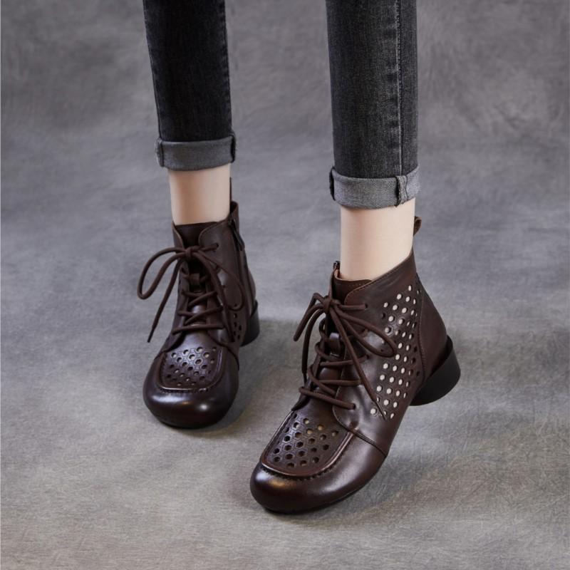 Johnature Жіночі черевики з натуральної шкіри, ретро, на товстому підборі, з вирізами, низький каблук, дихаючі