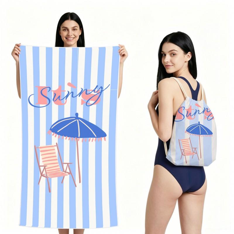 Quick-Dry Foldable Beach Towel With Carry Bag Double-Sided Plush Coconut Print Bath Travel Pool Vacation