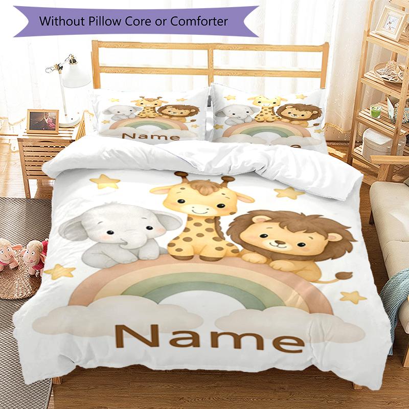 3pcs Custom Name Animals Bedding Set Duvet Cover Closure Includes 1 Duvet Cover & 2 Pillowcases, Soft and Comfortable for All Seasons.
