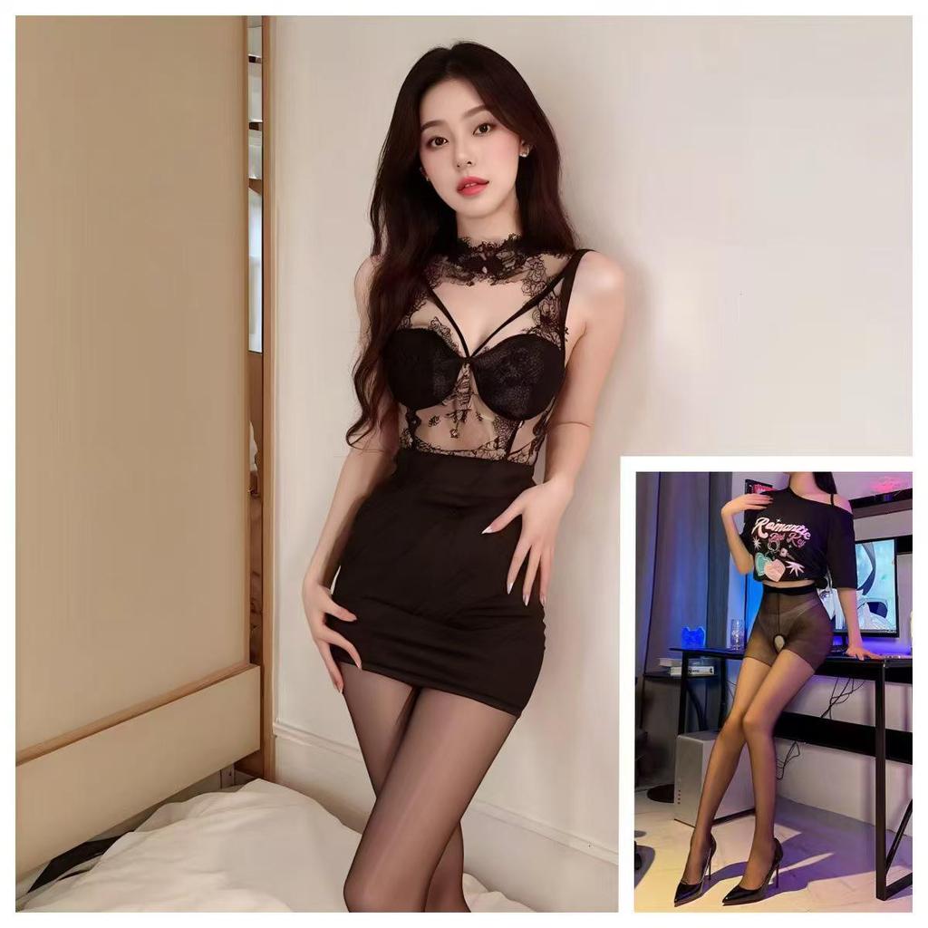 Black Lace Sexy Lingerie Dress - Breathable, Slim-Fit, Hollow Texture, Hip-Hugging Design for Women.