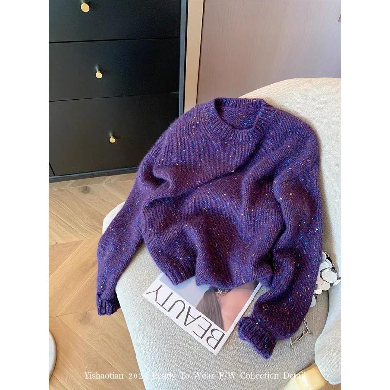 Purple sequined crew neck pullover sweater for women's autumn and winter lazy style loose and versatile knitted sweater for women