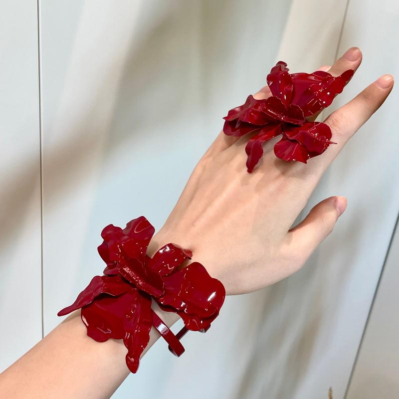 Dunkelrotes Retro-Blumenarmband- & Ring-Set