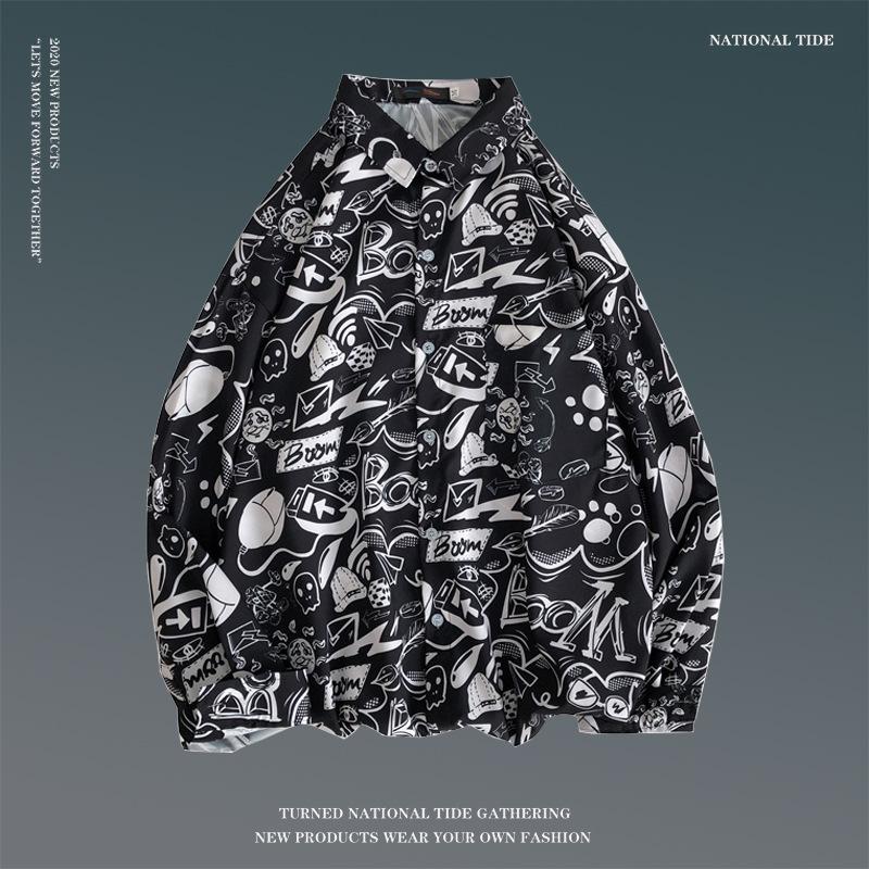 Men's Spring Retro Floral Long Sleeve Shirt - Korean Style, Trendy, Versatile, Loose Fit, Hong Kong Couple Style Top.