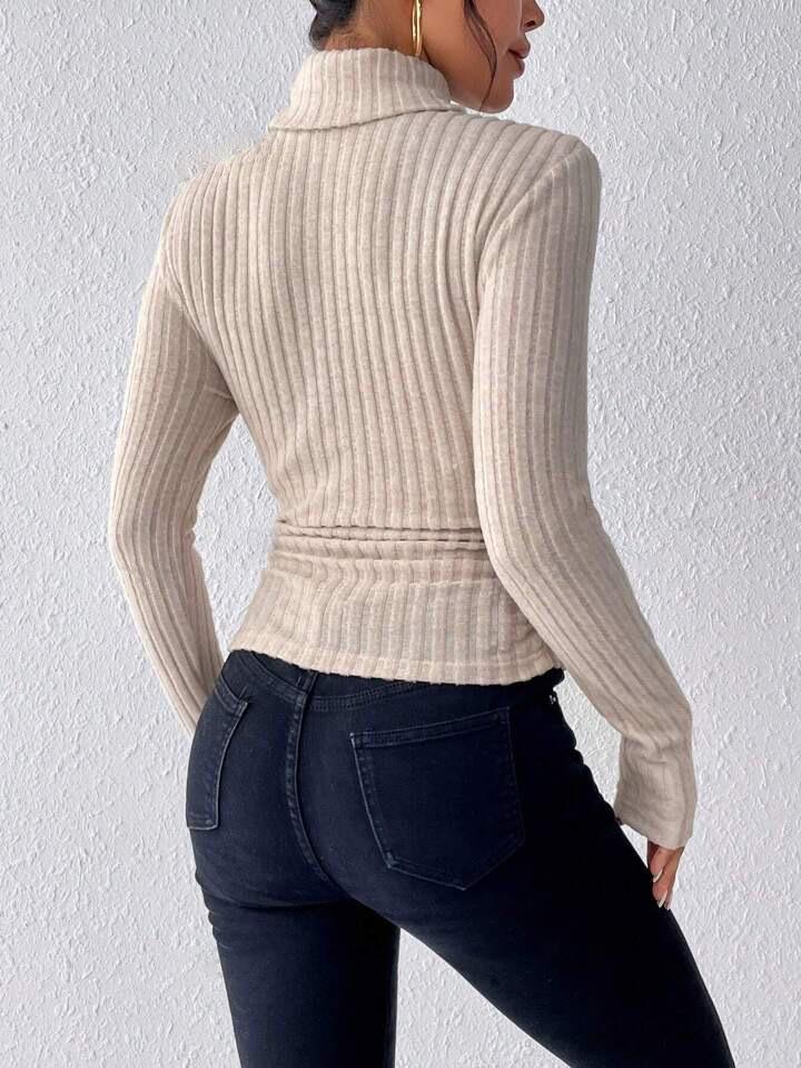 2024 Autumn/Winter High Neck V-Neck Long Sleeve Ribbed Knit Top