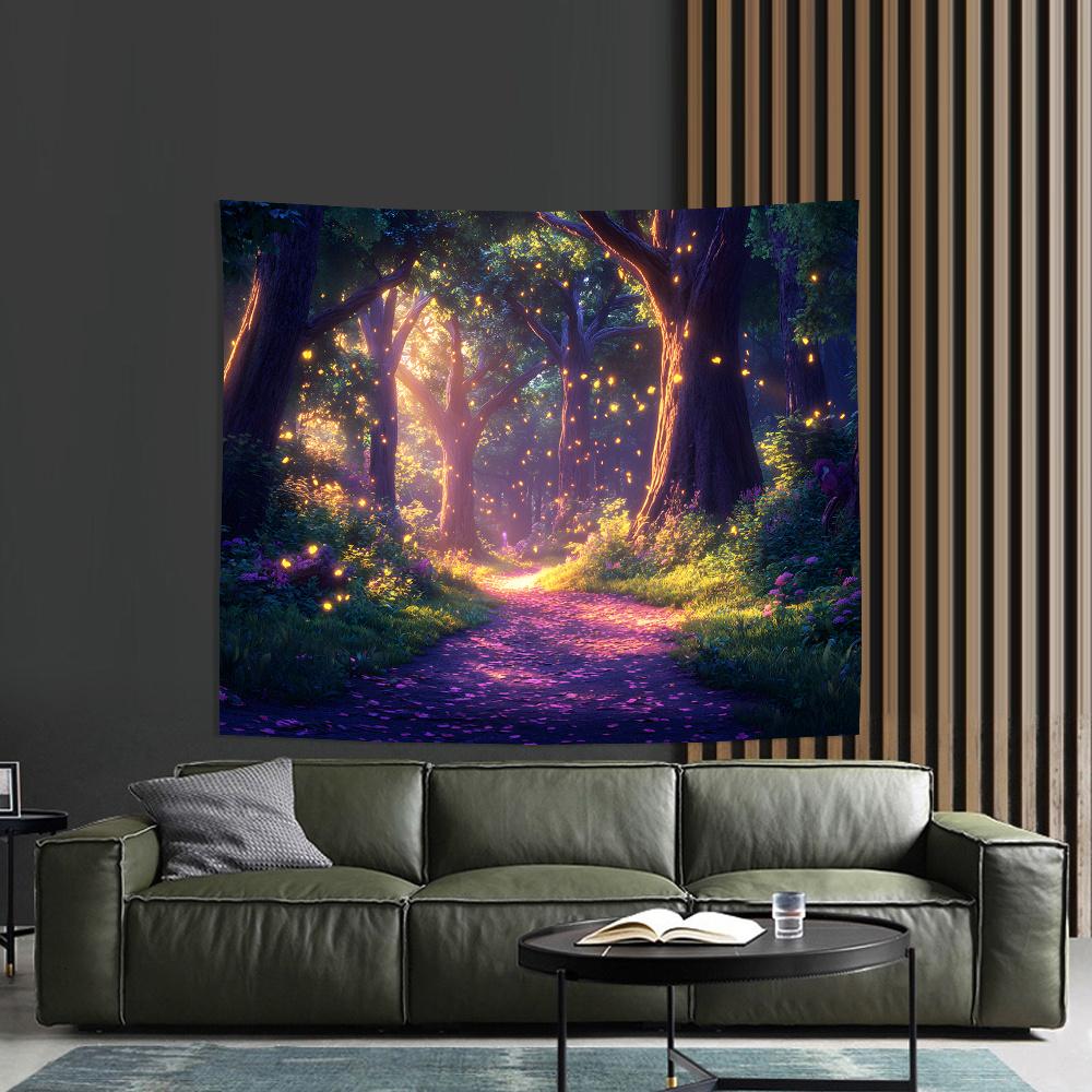 Enchanted Forest Path Tapestry, Magical Glowing Fireflies and Purple Flowers Art Wall Hanging for Bedroom Living Room Decor