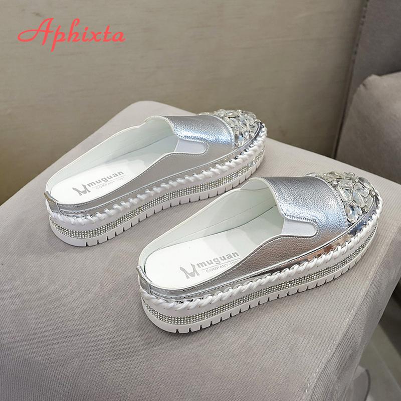 Fashion Aphixta 2024 Luxury Crystals Half Slides Women Bling Rubber Diamond Women Shoes Hand Stitching Platform Slippers For Women
