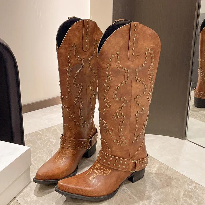 Высококачественная модная пряжка для ремня заклепка Женские западные ковбойские сапоги Модные туфли на платформе Вышивка Рыцарские сапоги Botas Para Mujer 35 коричневый 5950₽