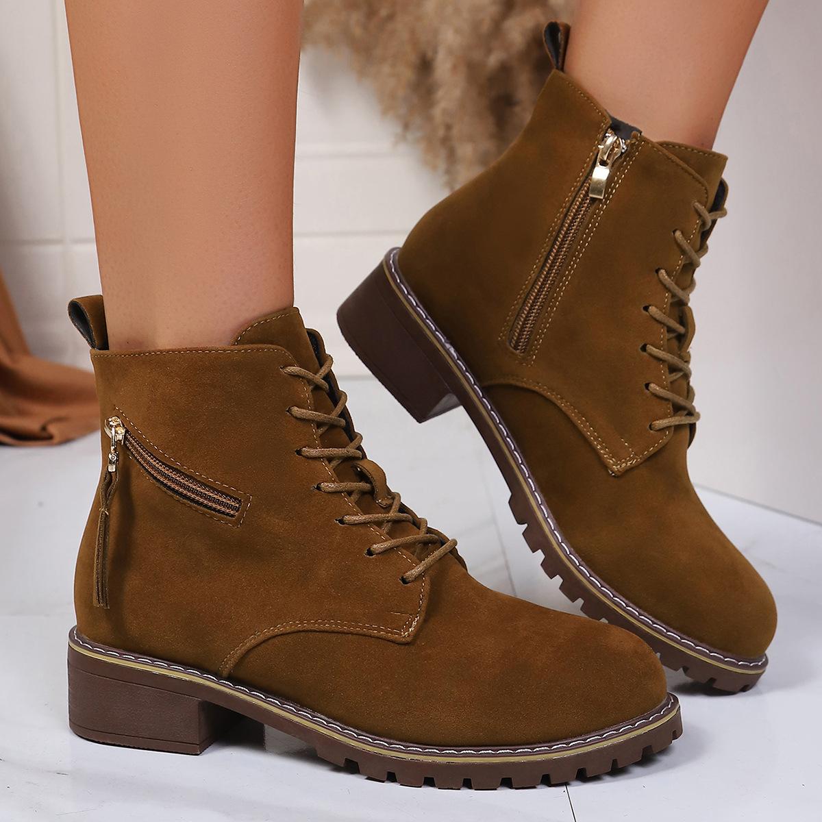 

Женские ботильоны больших размеров 2025 новые винтажные ботильоны женские на толстом каблуке с круглым носком ботинки Мартина боковая молния в британском стиле женская обувь 43 коричневый