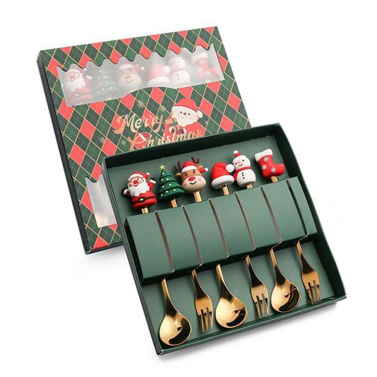 6Pcs/Set Stainless Steel Spoon Fork Set Santa Claus Snowman Deer Christmas Tree Hat Decor Tableware Holiday Party Supply