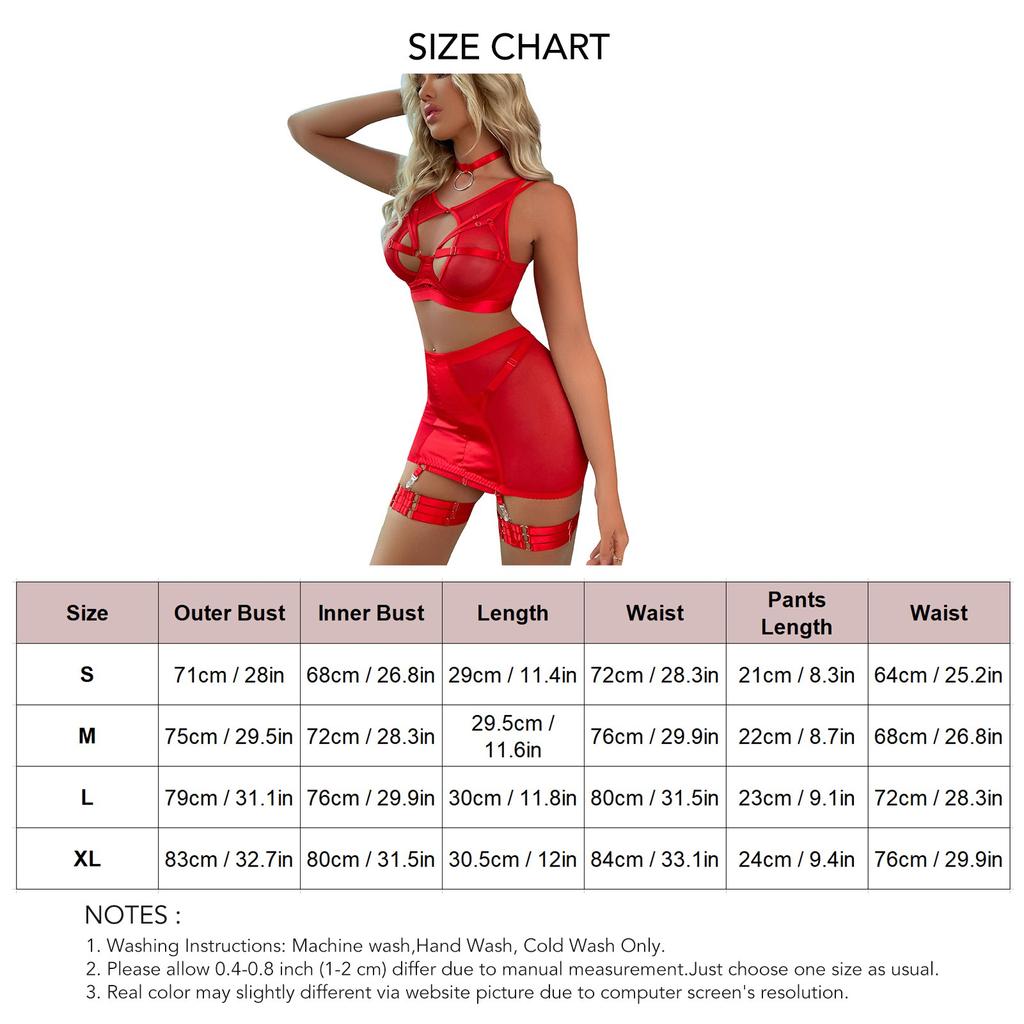 7pcs Women Lingerie Set Hollow Out Garter Belt Leg Loops See Through Mesh Splicing Nightwear Black S