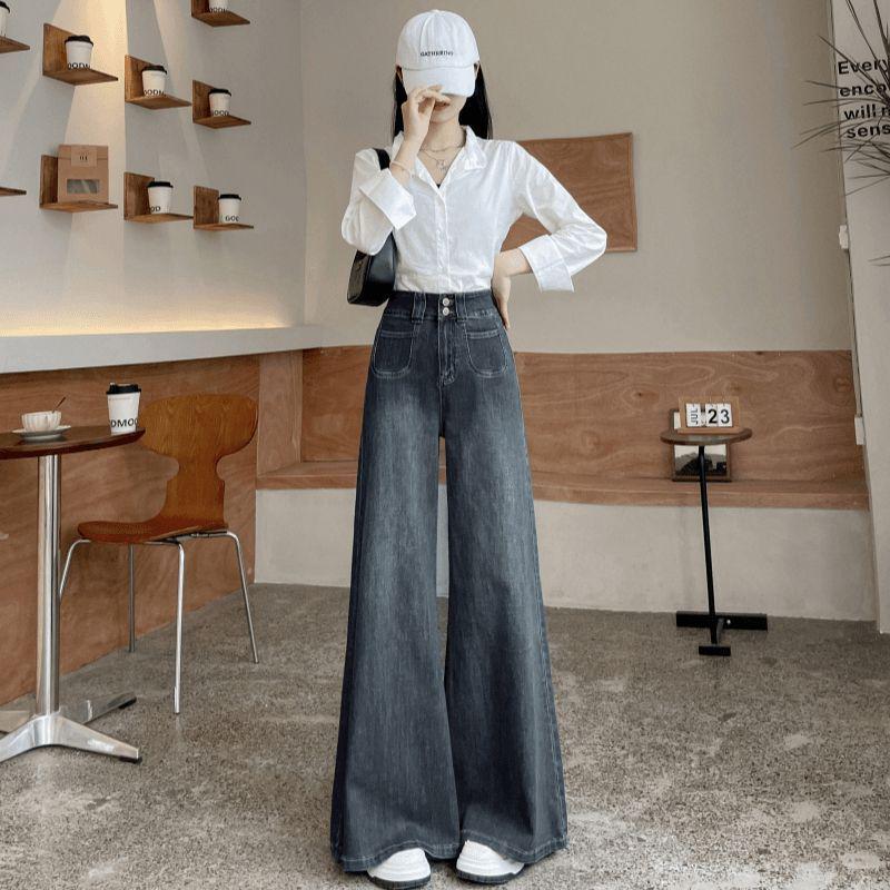 Women s Retro High-Waist Bell Bottom Jeans, Autumn/Winter 2025: Super Wide Leg, Plus Velvet, Slimming Pear Shape, Large Flare, Floor Length. XS